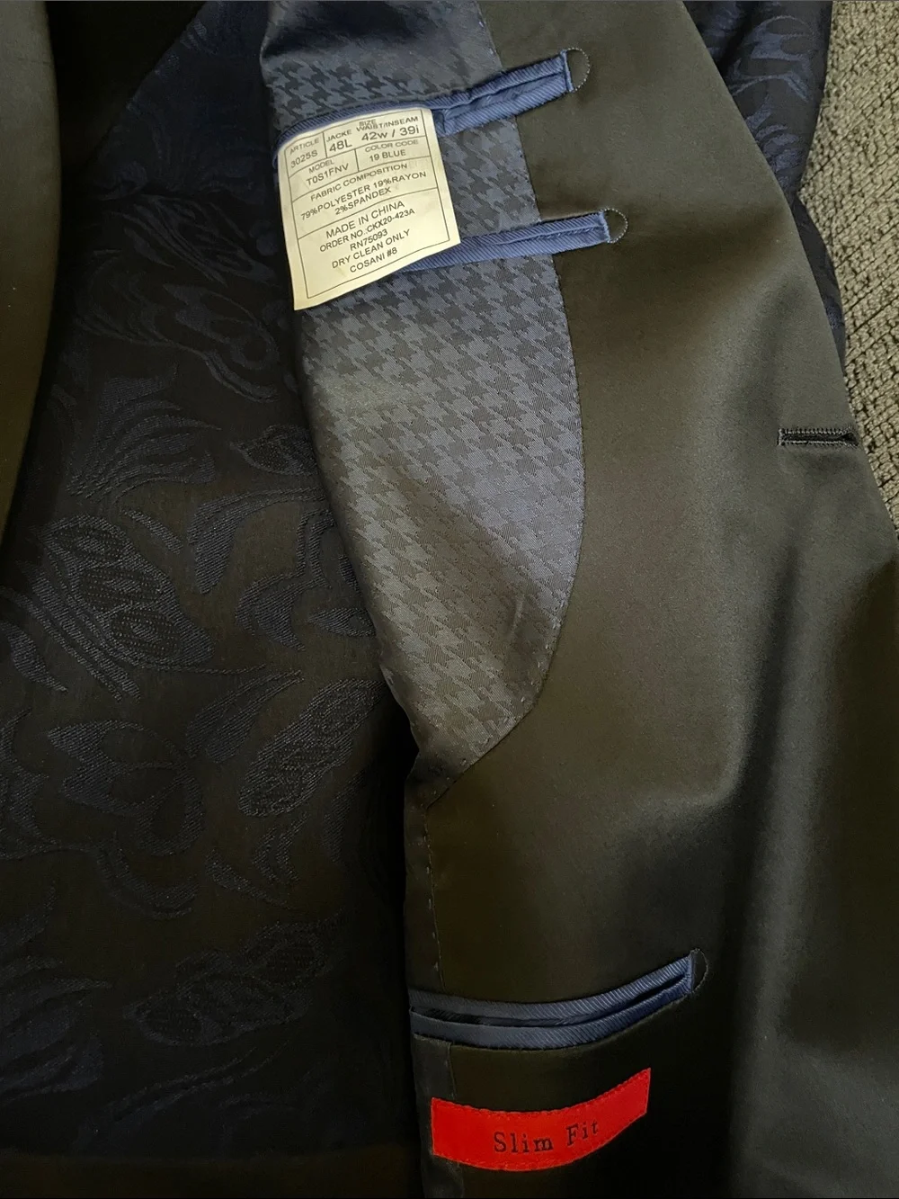 Navy Floral Jacquard Tuxedo Jacket with Black Satin Shawl Lapel